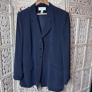 Vintage Jones New York Navy Blue 100% Silk Formal Career Blazer Womans Size 16W